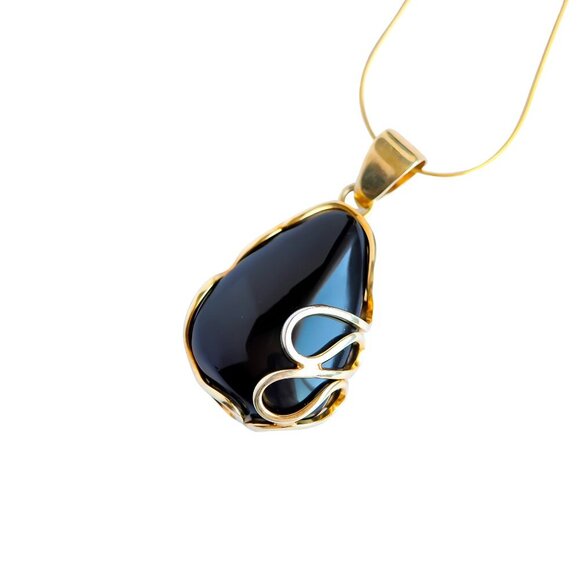 Baltic Black Amber Pendant Necklace in 14k Gold Plated s925 - Picture 2 of 7